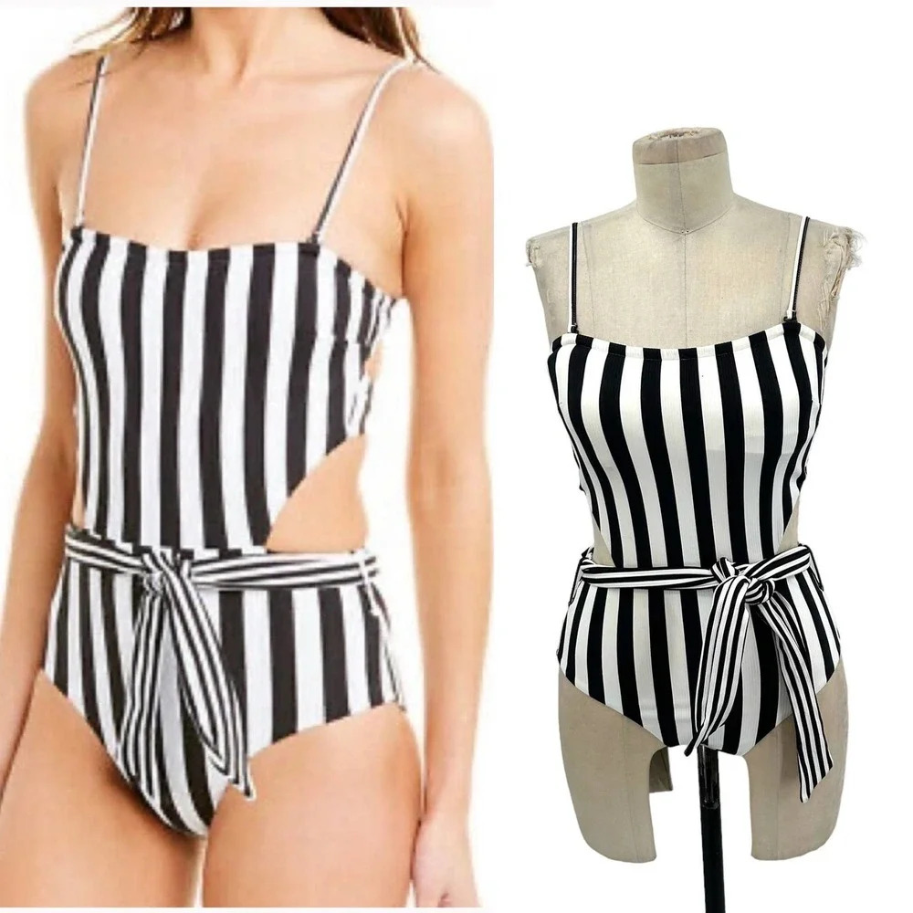 Onia Rumi Black & White Striped Cutout One Piece Swimsuit Belted Size